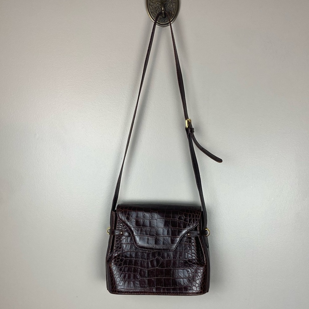 Bally Handbag Crossbody Bag Chocolate Leather Crocodile Trim Purse Italy vintage